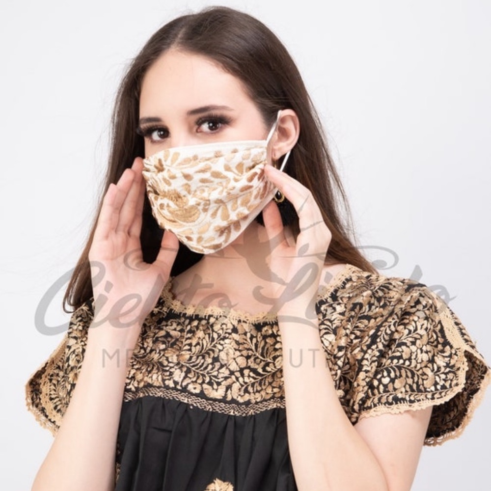 Mexican Handmade Embroidered Cream Face Mask - Picture 6 of 7